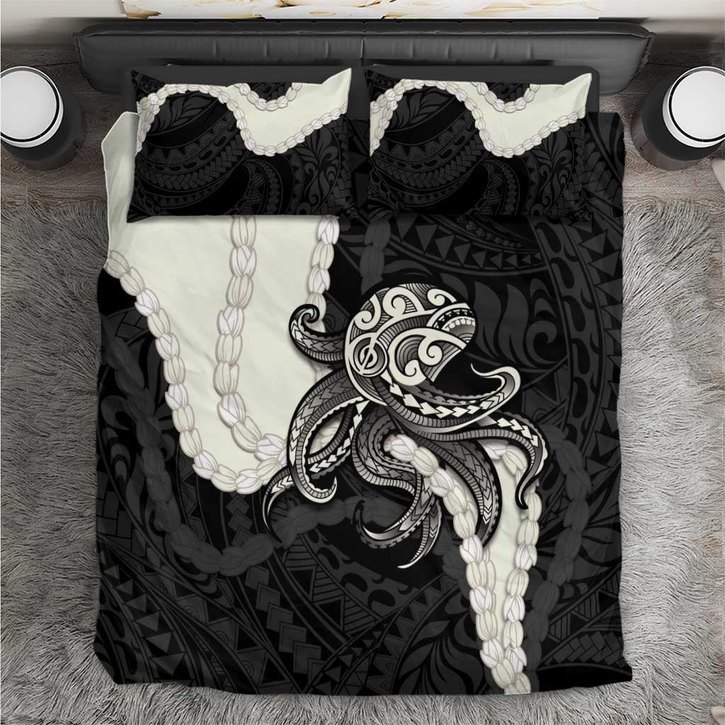 Black Polynesia Tribal Octopus Tattoo Bedding Set Pikake Lei Polynesian Pattern