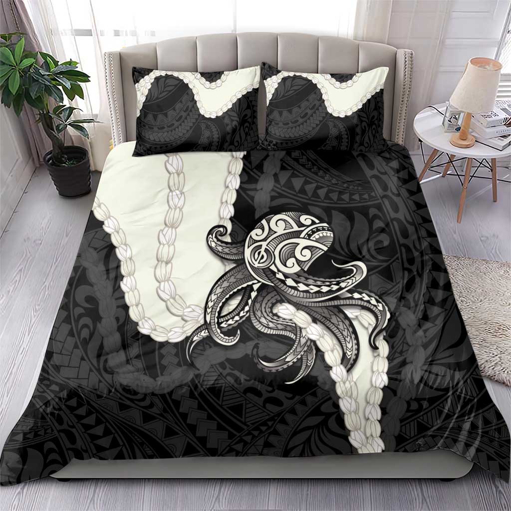 Black Polynesia Tribal Octopus Tattoo Bedding Set Pikake Lei Polynesian Pattern