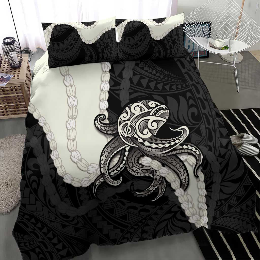 Black Polynesia Tribal Octopus Tattoo Bedding Set Pikake Lei Polynesian Pattern