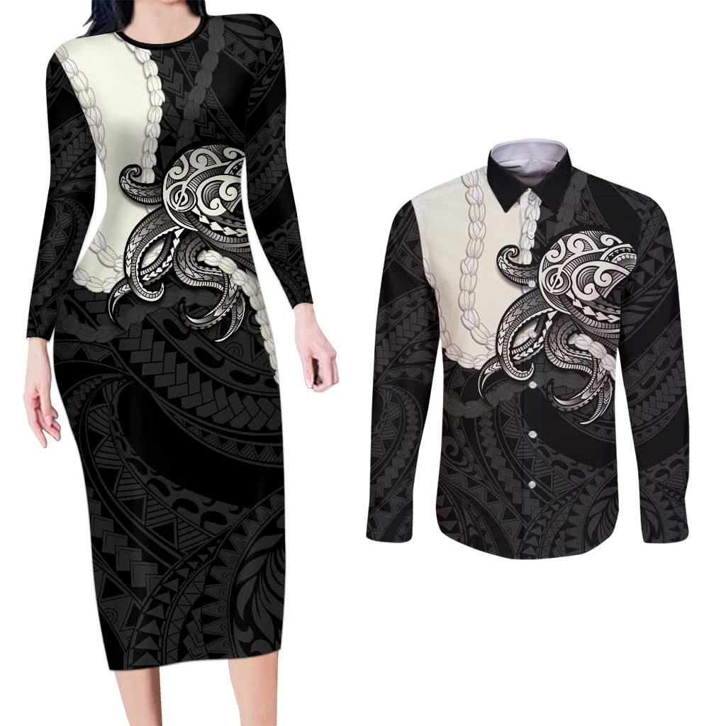 Black Polynesia Tribal Octopus Tattoo Couples Matching Long Sleeve Bodycon Dress and Long Sleeve Button Shirt Pikake Lei Polynesian Pattern LT14 Black - Polynesian Pride