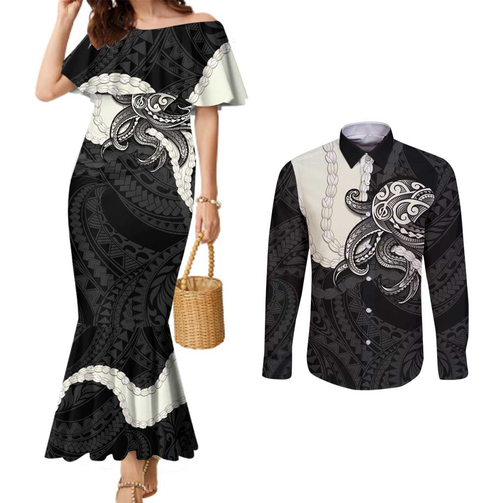 Black Polynesia Tribal Octopus Tattoo Couples Matching Mermaid Dress and Long Sleeve Button Shirt Pikake Lei Polynesian Pattern LT14 Black - Polynesian Pride
