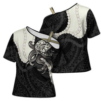 Black Polynesia Tribal Octopus Tattoo Cross Shoulder Shirt Pikake Lei Polynesian Pattern