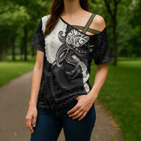 Black Polynesia Tribal Octopus Tattoo Cross Shoulder Shirt Pikake Lei Polynesian Pattern
