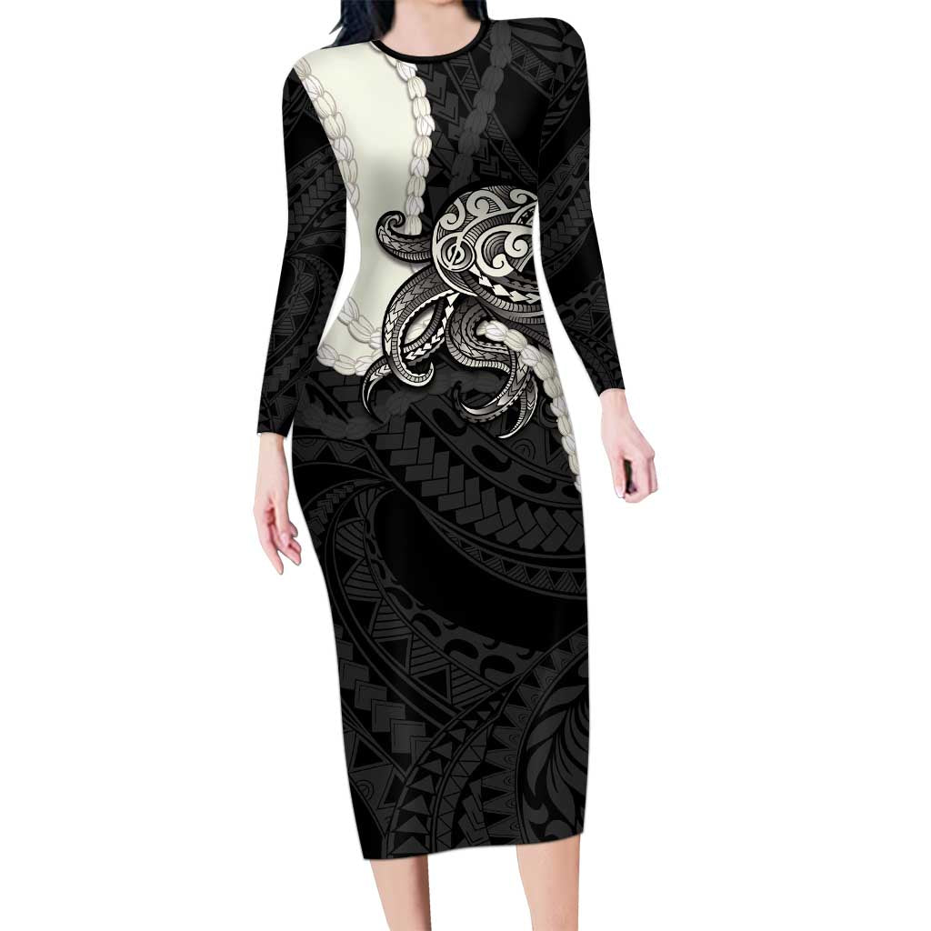 Black Polynesia Tribal Octopus Tattoo Family Matching Long Sleeve Bodycon Dress and Hawaiian Shirt Pikake Lei Polynesian Pattern LT14 Mom's Dress Black - Polynesian Pride