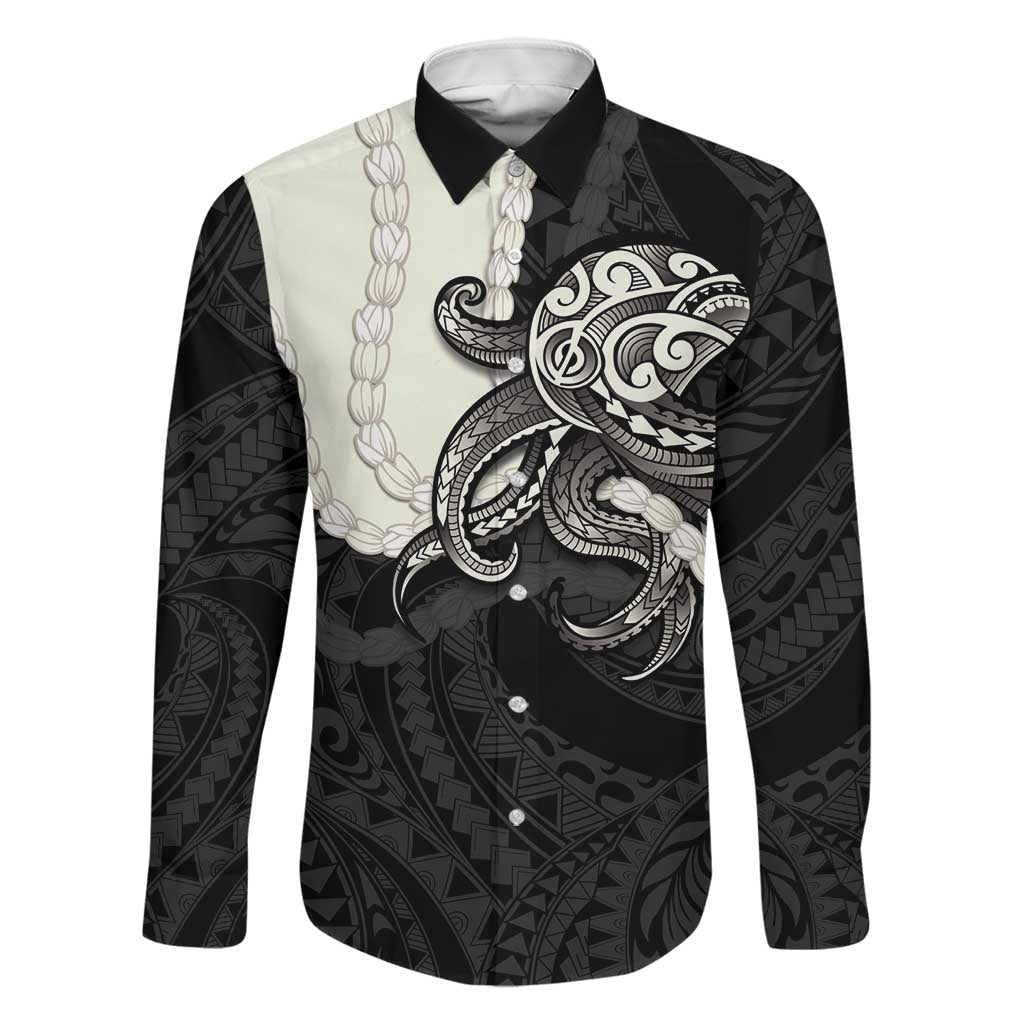 Black Polynesia Tribal Octopus Tattoo Family Matching Off Shoulder Maxi Dress and Hawaiian Shirt Pikake Lei Polynesian Pattern LT14 Dad's Shirt - Long Sleeve Black - Polynesian Pride