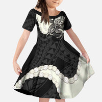 Black Polynesia Tribal Octopus Tattoo Family Matching Puletasi and Hawaiian Shirt Pikake Lei Polynesian Pattern LT14 Daughter's Dress Black - Polynesian Pride