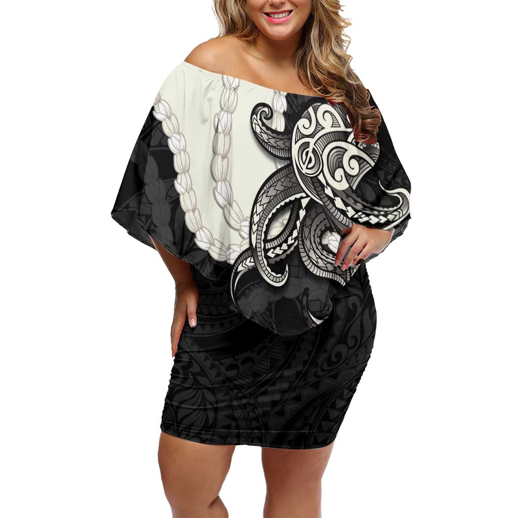 Black Polynesia Tribal Octopus Tattoo Off Shoulder Short Dress Pikake Lei Polynesian Pattern LT14 Women Black - Polynesian Pride