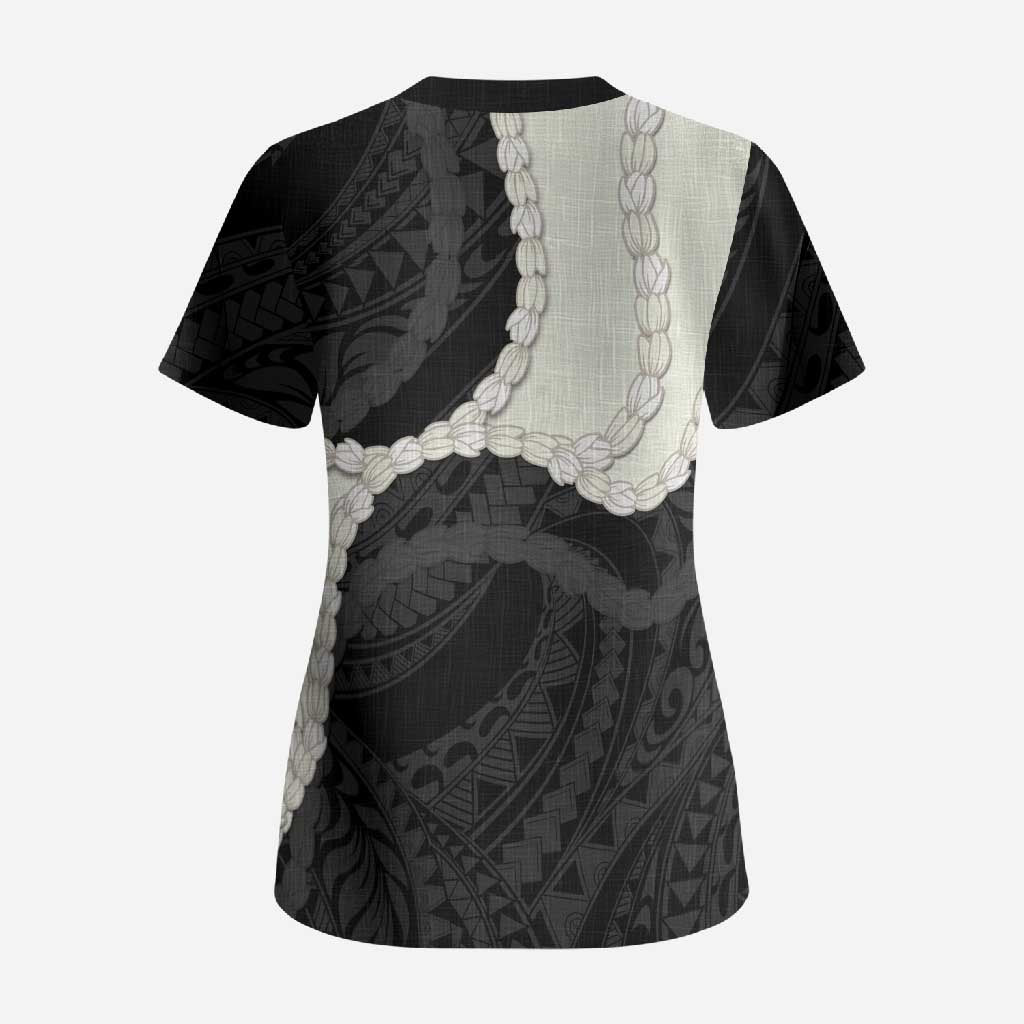 Black Polynesia Tribal Octopus Tattoo Scrub Top Pikake Lei Polynesian Pattern