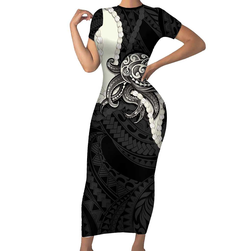Black Polynesia Tribal Octopus Tattoo Short Sleeve Bodycon Dress Pikake Lei Polynesian Pattern LT14 Long Dress Black - Polynesian Pride