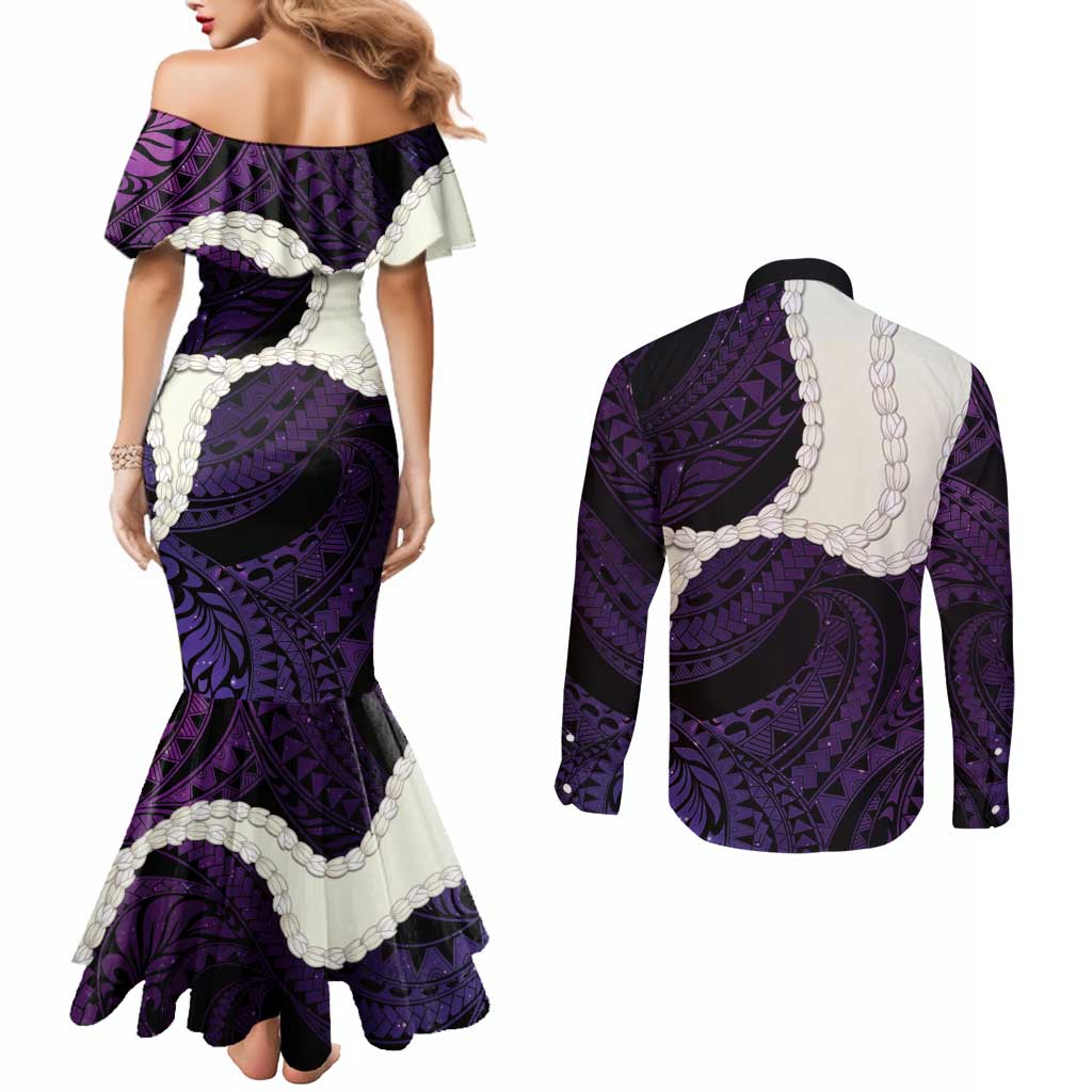 Purple Galaxy Polynesia Tribal Octopus Tattoo Couples Matching Mermaid Dress and Long Sleeve Button Shirt Pikake Lei Polynesian Pattern LT14 - Polynesian Pride