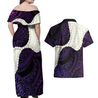 Purple Galaxy Polynesia Tribal Octopus Tattoo Couples Matching Off Shoulder Maxi Dress and Hawaiian Shirt Pikake Lei Polynesian Pattern LT14 - Polynesian Pride