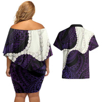 Purple Galaxy Polynesia Tribal Octopus Tattoo Couples Matching Off Shoulder Short Dress and Hawaiian Shirt Pikake Lei Polynesian Pattern LT14 - Polynesian Pride