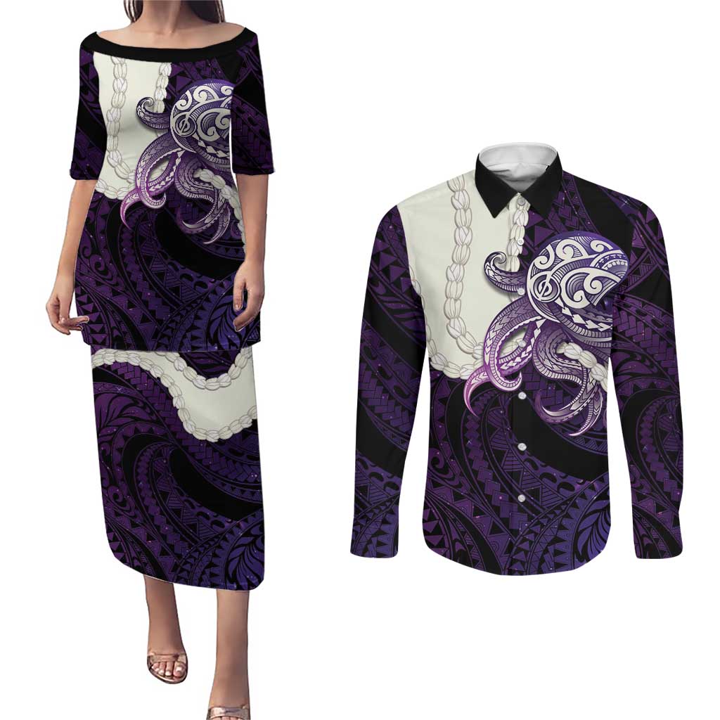 Purple Galaxy Polynesia Tribal Octopus Tattoo Couples Matching Puletasi and Long Sleeve Button Shirt Pikake Lei Polynesian Pattern LT14 Purple - Polynesian Pride