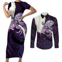 Purple Galaxy Polynesia Tribal Octopus Tattoo Couples Matching Short Sleeve Bodycon Dress and Long Sleeve Button Shirt Pikake Lei Polynesian Pattern LT14 Purple - Polynesian Pride