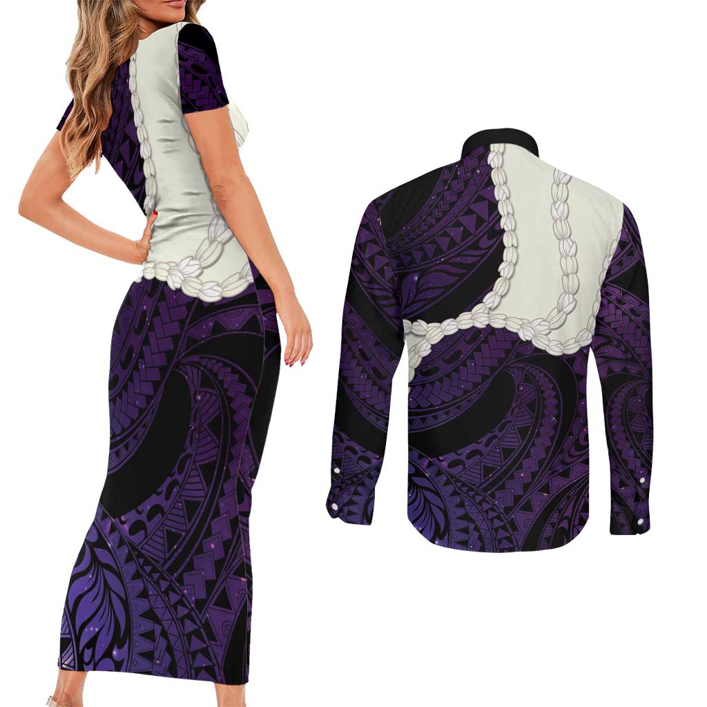 Purple Galaxy Polynesia Tribal Octopus Tattoo Couples Matching Short Sleeve Bodycon Dress and Long Sleeve Button Shirt Pikake Lei Polynesian Pattern LT14 - Polynesian Pride