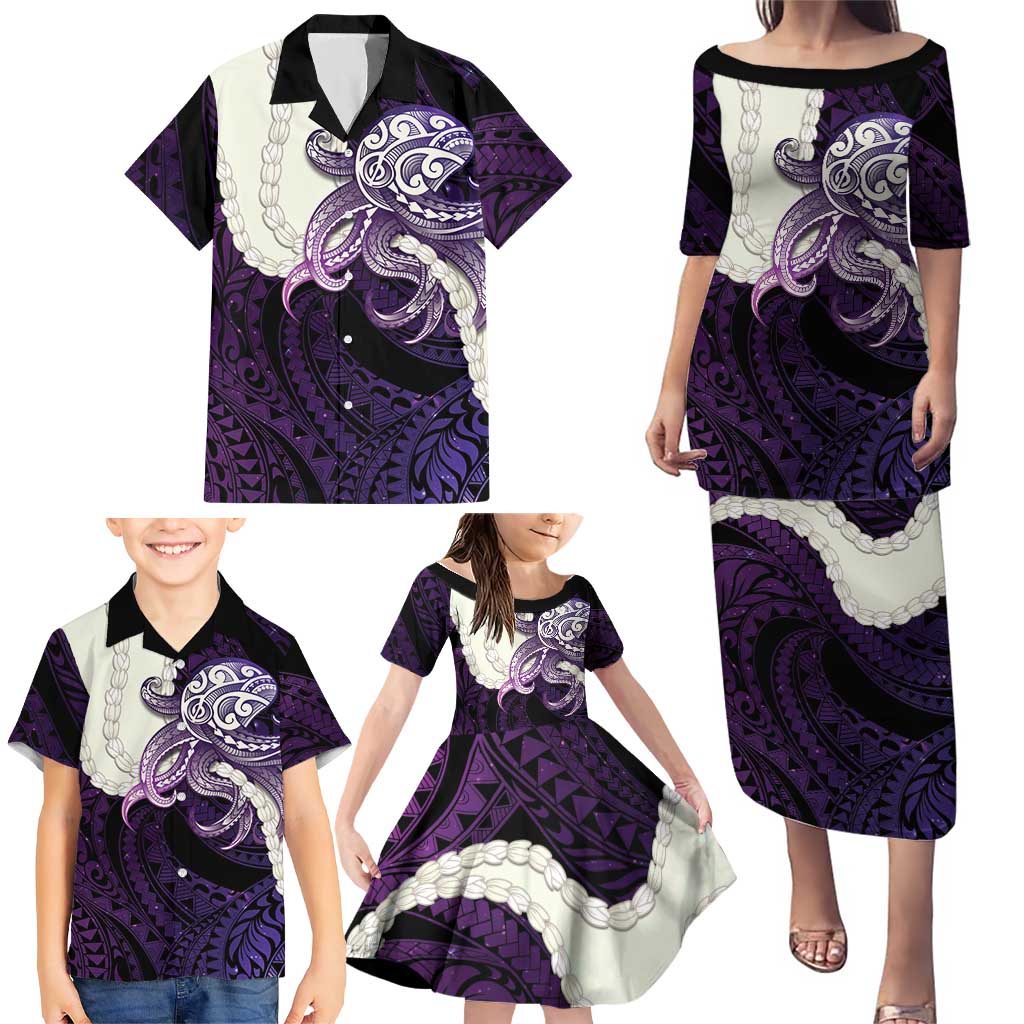Purple Galaxy Polynesia Tribal Octopus Tattoo Family Matching Puletasi and Hawaiian Shirt Pikake Lei Polynesian Pattern