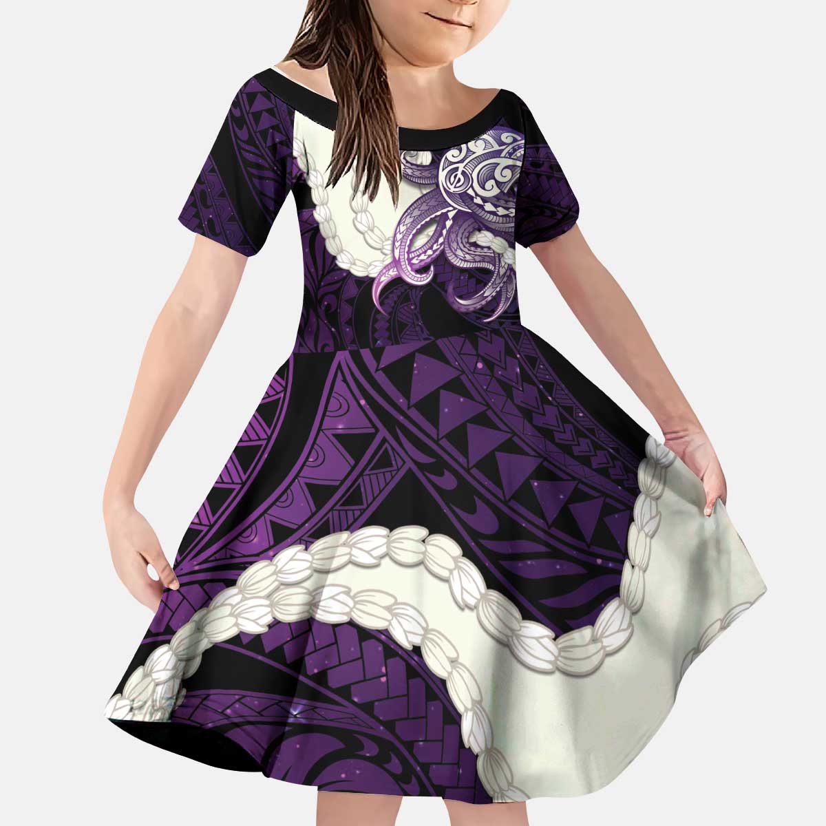 Purple Galaxy Polynesia Tribal Octopus Tattoo Kid Short Sleeve Dress Pikake Lei Polynesian Pattern LT14 KID Purple - Polynesian Pride