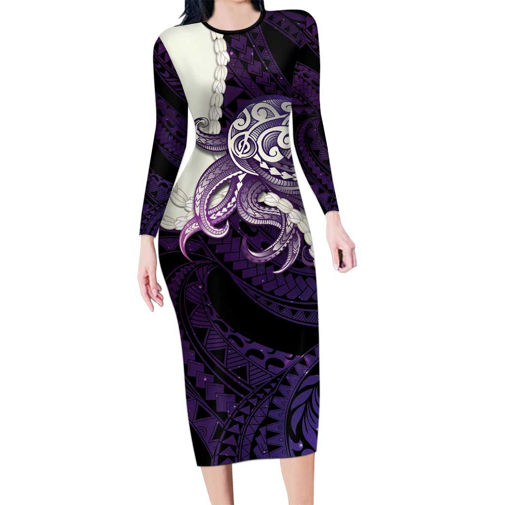 Purple Galaxy Polynesia Tribal Octopus Tattoo Long Sleeve Bodycon Dress Pikake Lei Polynesian Pattern LT14 Long Dress Purple - Polynesian Pride