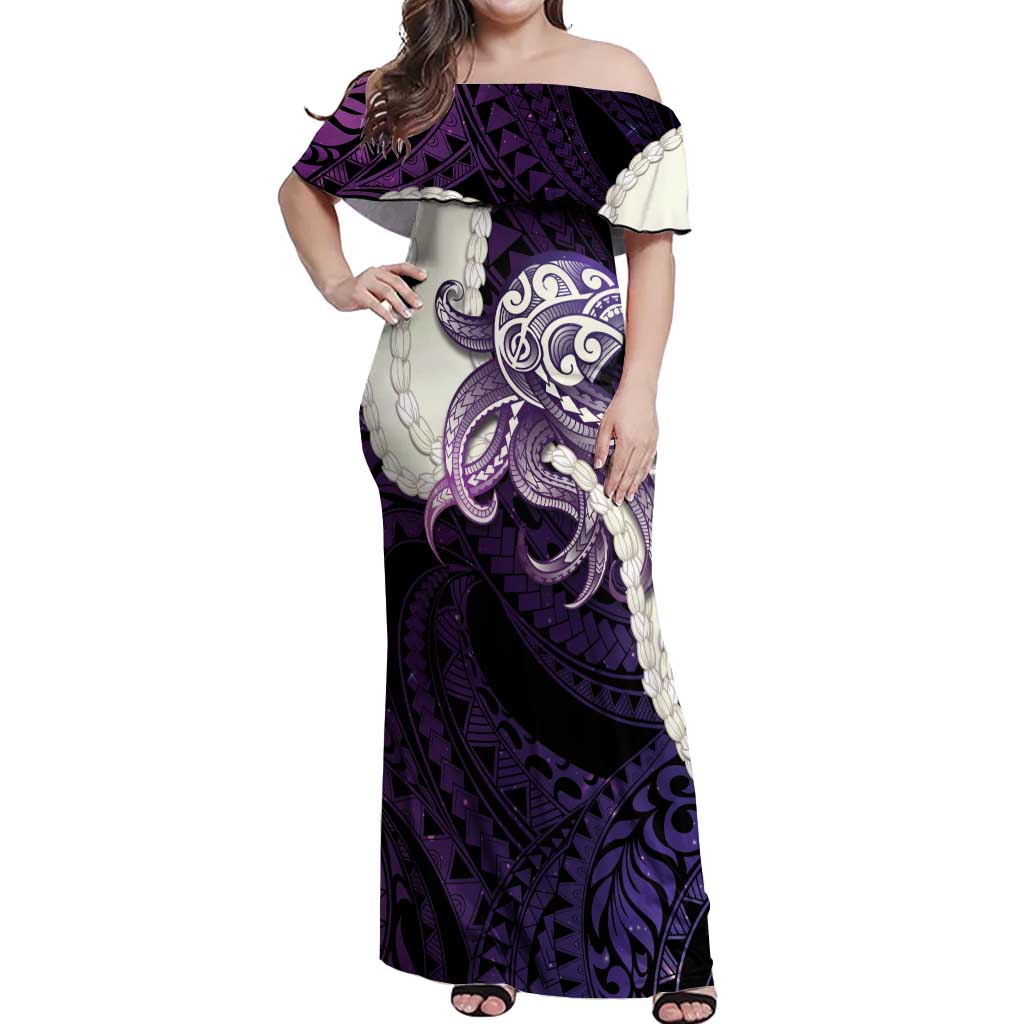 Purple Galaxy Polynesia Tribal Octopus Tattoo Off Shoulder Maxi Dress Pikake Lei Polynesian Pattern LT14 Women Purple - Polynesian Pride