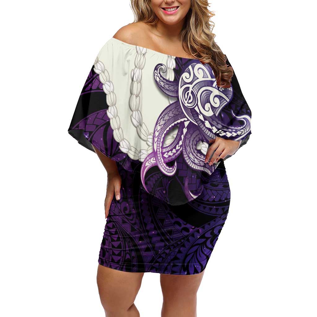 Purple Galaxy Polynesia Tribal Octopus Tattoo Off Shoulder Short Dress Pikake Lei Polynesian Pattern LT14 Women Purple - Polynesian Pride