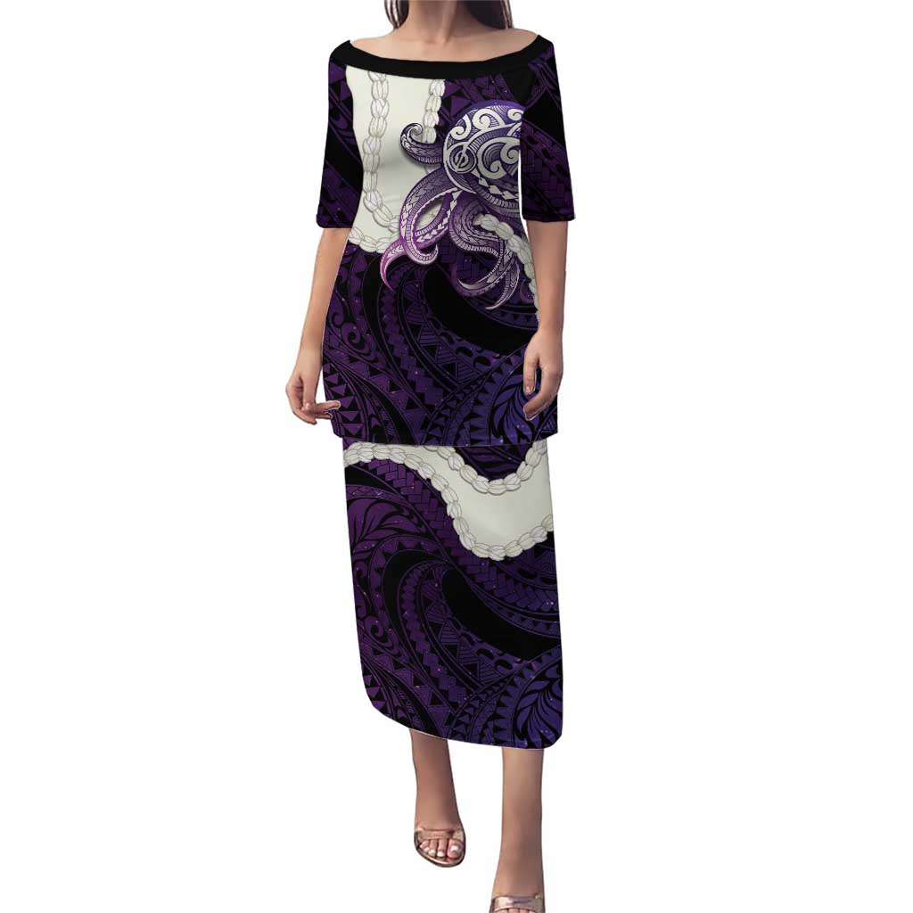Purple Galaxy Polynesia Tribal Octopus Tattoo Puletasi Pikake Lei Polynesian Pattern LT14 Long Dress Purple - Polynesian Pride