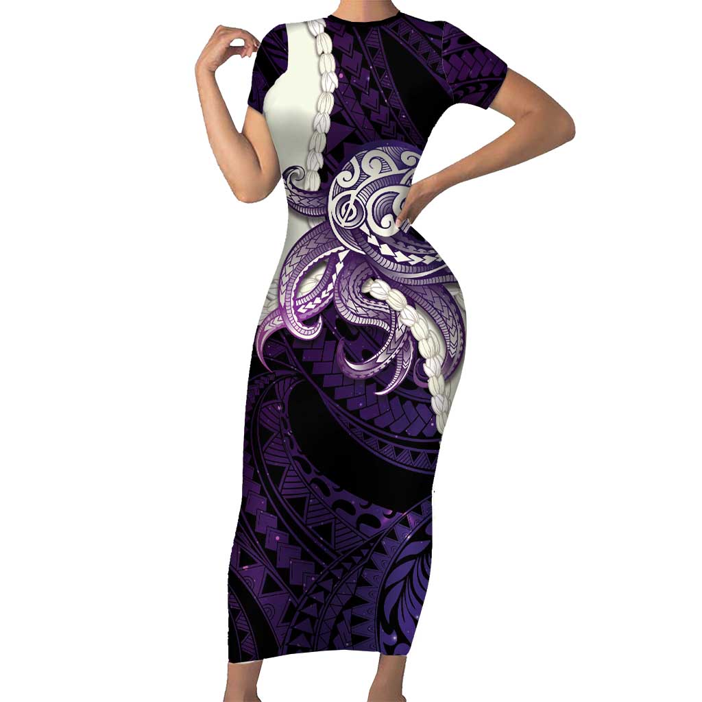 Purple Galaxy Polynesia Tribal Octopus Tattoo Short Sleeve Bodycon Dress Pikake Lei Polynesian Pattern LT14 Long Dress Purple - Polynesian Pride