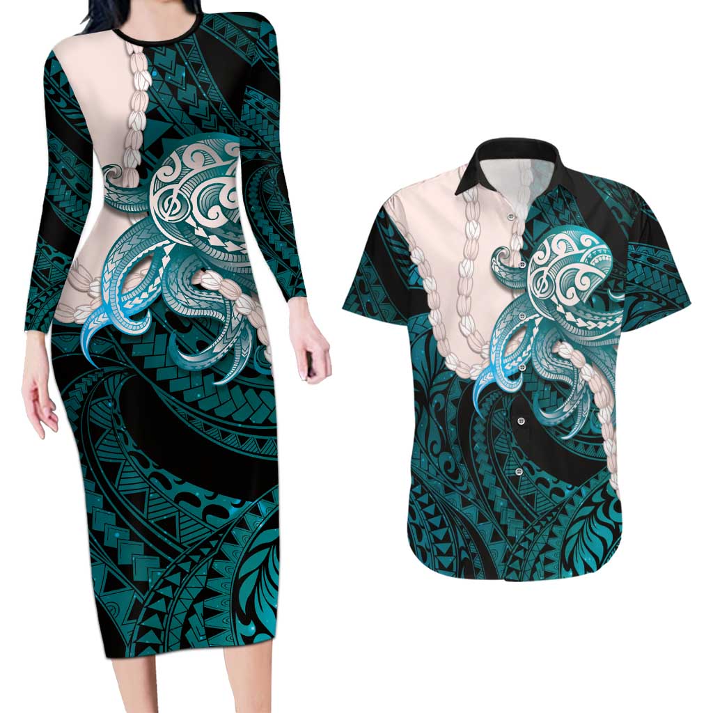Teal Galaxy Polynesia Tribal Octopus Tattoo Couples Matching Long Sleeve Bodycon Dress and Hawaiian Shirt Pikake Lei Polynesian Pattern LT14 Teal - Polynesian Pride