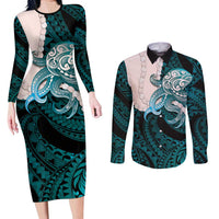 Teal Galaxy Polynesia Tribal Octopus Tattoo Couples Matching Long Sleeve Bodycon Dress and Long Sleeve Button Shirt Pikake Lei Polynesian Pattern LT14 Teal - Polynesian Pride