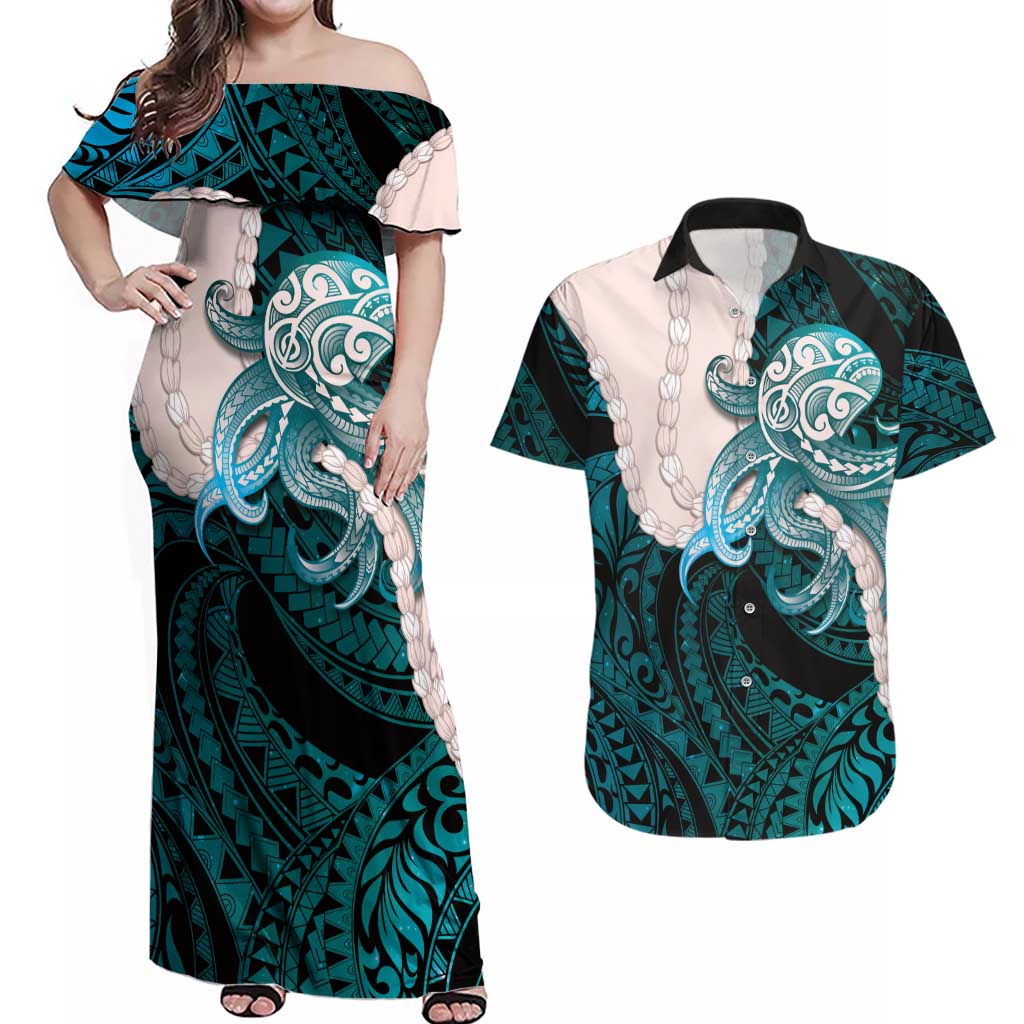 Teal Galaxy Polynesia Tribal Octopus Tattoo Couples Matching Off Shoulder Maxi Dress and Hawaiian Shirt Pikake Lei Polynesian Pattern LT14 Teal - Polynesian Pride