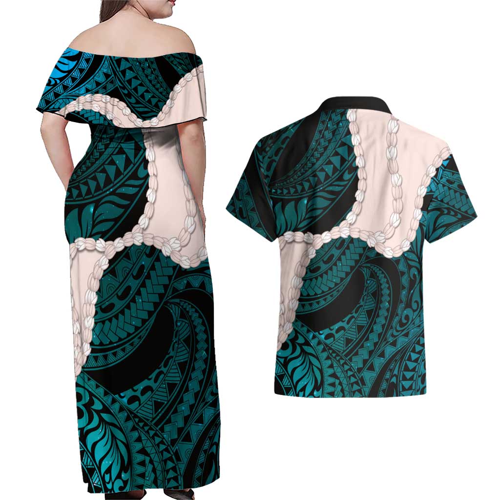 Teal Galaxy Polynesia Tribal Octopus Tattoo Couples Matching Off Shoulder Maxi Dress and Hawaiian Shirt Pikake Lei Polynesian Pattern LT14 - Polynesian Pride