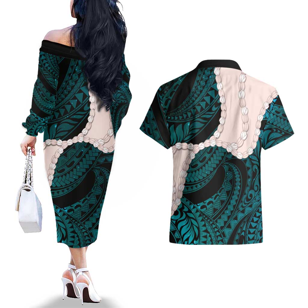 Teal Galaxy Polynesia Tribal Octopus Tattoo Couples Matching Off The Shoulder Long Sleeve Dress and Hawaiian Shirt Pikake Lei Polynesian Pattern LT14 - Polynesian Pride