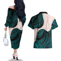 Teal Galaxy Polynesia Tribal Octopus Tattoo Couples Matching Off The Shoulder Long Sleeve Dress and Hawaiian Shirt Pikake Lei Polynesian Pattern LT14 - Polynesian Pride