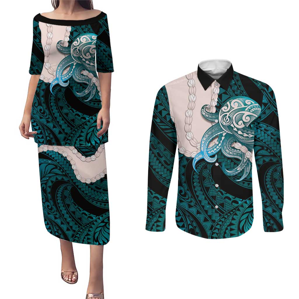 Teal Galaxy Polynesia Tribal Octopus Tattoo Couples Matching Puletasi and Long Sleeve Button Shirt Pikake Lei Polynesian Pattern LT14 Teal - Polynesian Pride