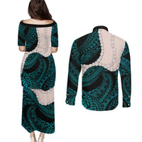 Teal Galaxy Polynesia Tribal Octopus Tattoo Couples Matching Puletasi and Long Sleeve Button Shirt Pikake Lei Polynesian Pattern LT14 - Polynesian Pride