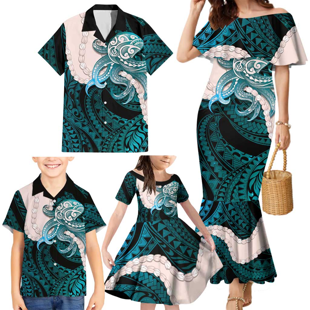 Teal Galaxy Polynesia Tribal Octopus Tattoo Family Matching Mermaid Dress and Hawaiian Shirt Pikake Lei Polynesian Pattern