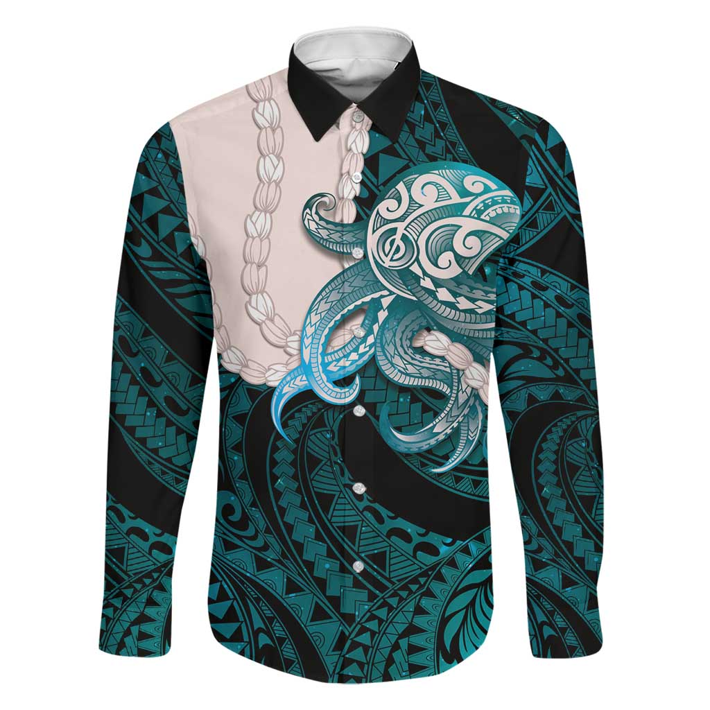 Teal Galaxy Polynesia Tribal Octopus Tattoo Family Matching Mermaid Dress and Hawaiian Shirt Pikake Lei Polynesian Pattern
