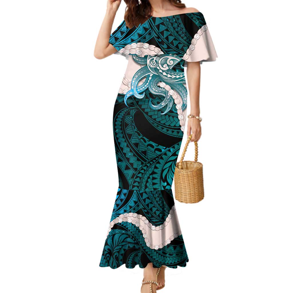 Teal Galaxy Polynesia Tribal Octopus Tattoo Family Matching Mermaid Dress and Hawaiian Shirt Pikake Lei Polynesian Pattern