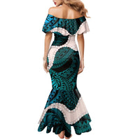 Teal Galaxy Polynesia Tribal Octopus Tattoo Family Matching Mermaid Dress and Hawaiian Shirt Pikake Lei Polynesian Pattern