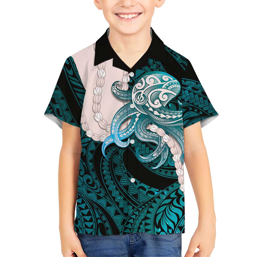 Teal Galaxy Polynesia Tribal Octopus Tattoo Family Matching Mermaid Dress and Hawaiian Shirt Pikake Lei Polynesian Pattern