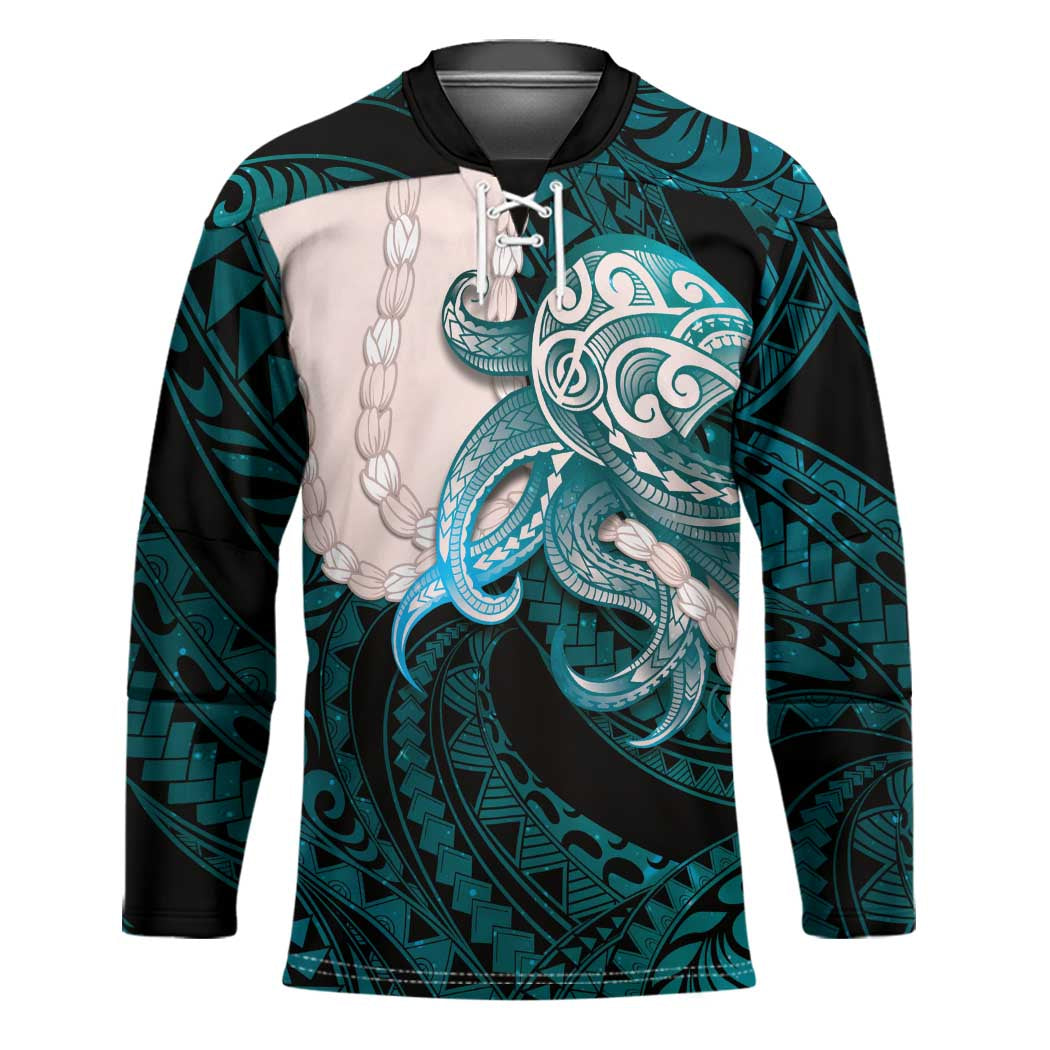 Teal Galaxy Polynesia Tribal Octopus Tattoo Hockey Jersey Pikake Lei Polynesian Pattern
