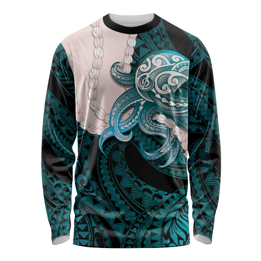 Teal Galaxy Polynesia Tribal Octopus Tattoo Long Sleeve Shirt Pikake Lei Polynesian Pattern LT14 Unisex Teal - Polynesian Pride