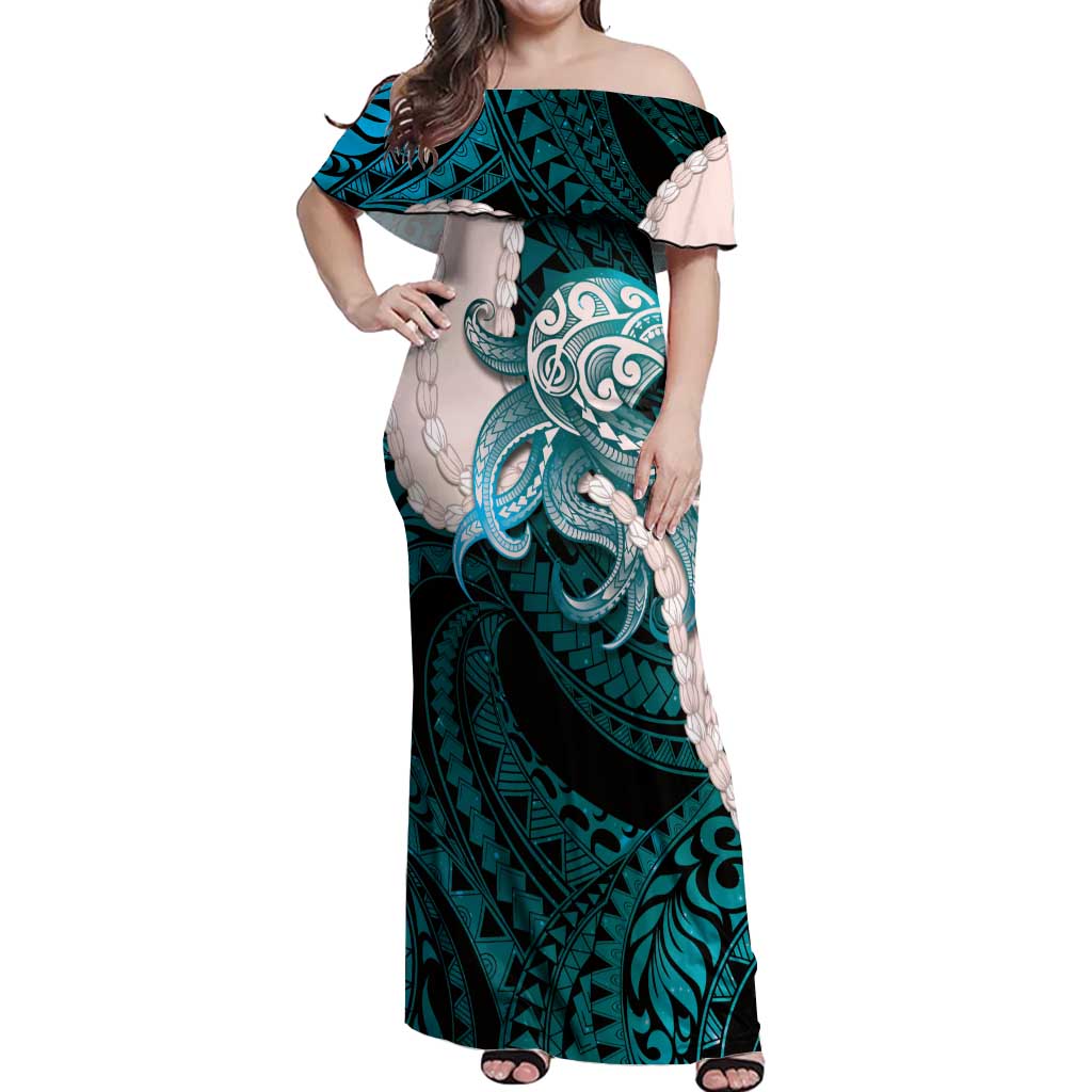 Teal Galaxy Polynesia Tribal Octopus Tattoo Off Shoulder Maxi Dress Pikake Lei Polynesian Pattern LT14 Women Teal - Polynesian Pride