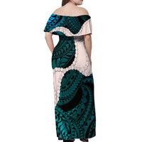 Teal Galaxy Polynesia Tribal Octopus Tattoo Off Shoulder Maxi Dress Pikake Lei Polynesian Pattern LT14 - Polynesian Pride