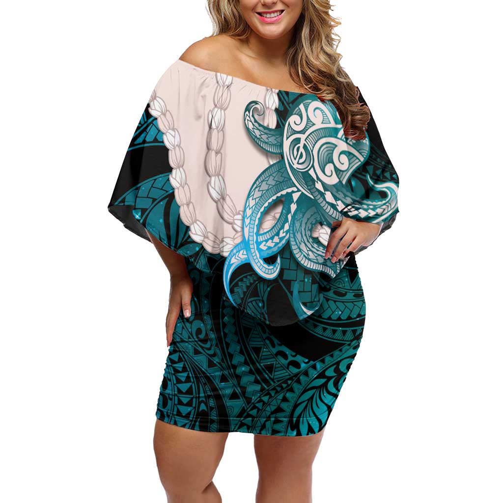 Teal Galaxy Polynesia Tribal Octopus Tattoo Off Shoulder Short Dress Pikake Lei Polynesian Pattern LT14 Women Teal - Polynesian Pride