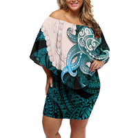 Teal Galaxy Polynesia Tribal Octopus Tattoo Off Shoulder Short Dress Pikake Lei Polynesian Pattern LT14 Women Teal - Polynesian Pride