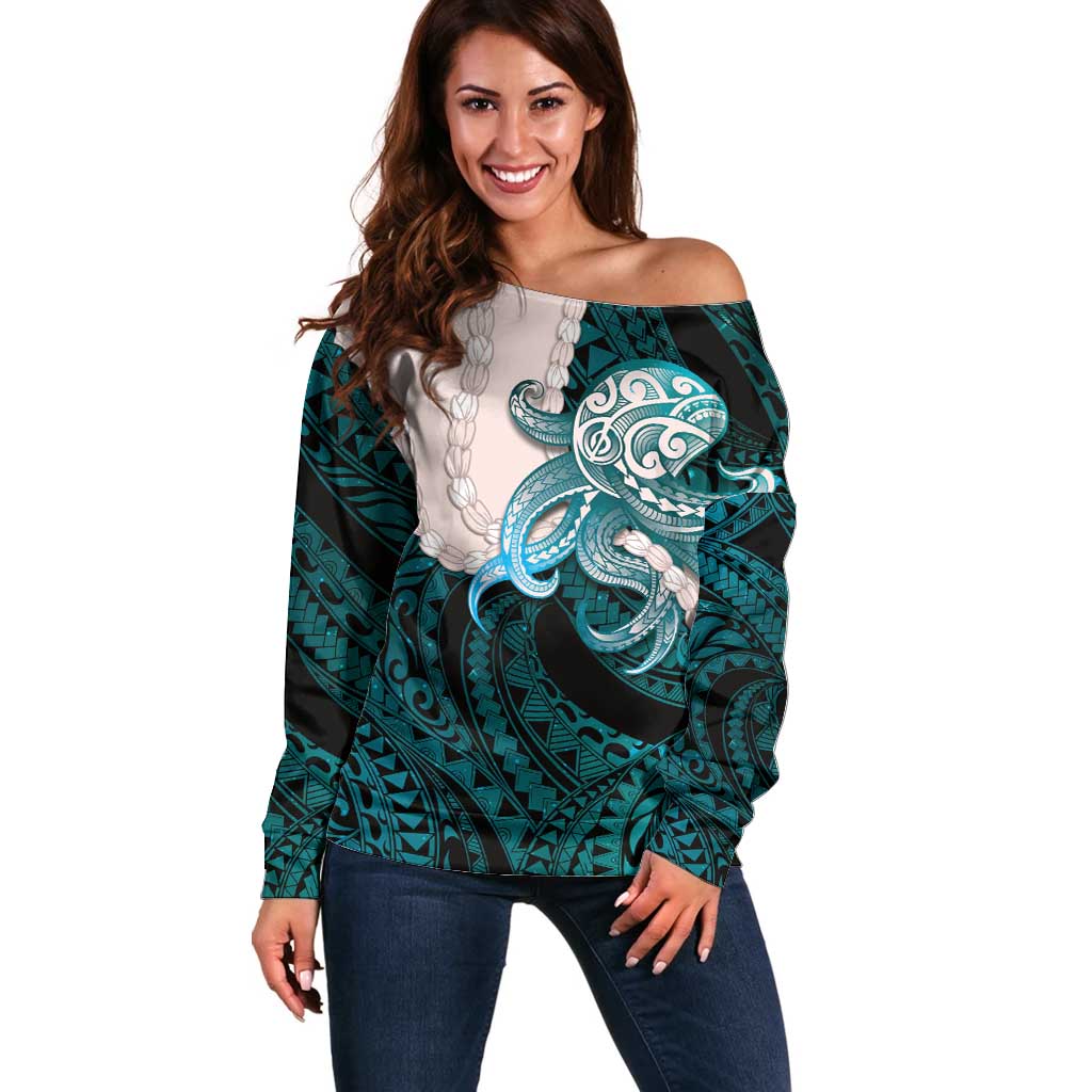 Teal Galaxy Polynesia Tribal Octopus Tattoo Off Shoulder Sweater Pikake Lei Polynesian Pattern