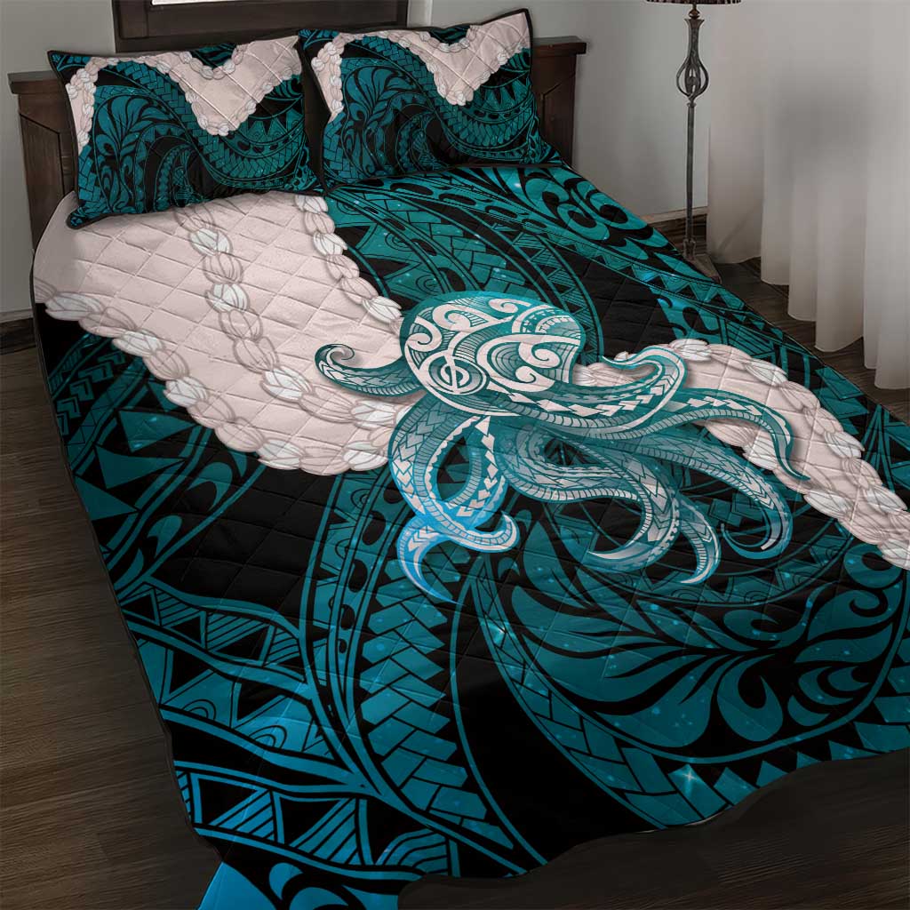 Teal Galaxy Polynesia Tribal Octopus Tattoo Quilt Bed Set Pikake Lei Polynesian Pattern