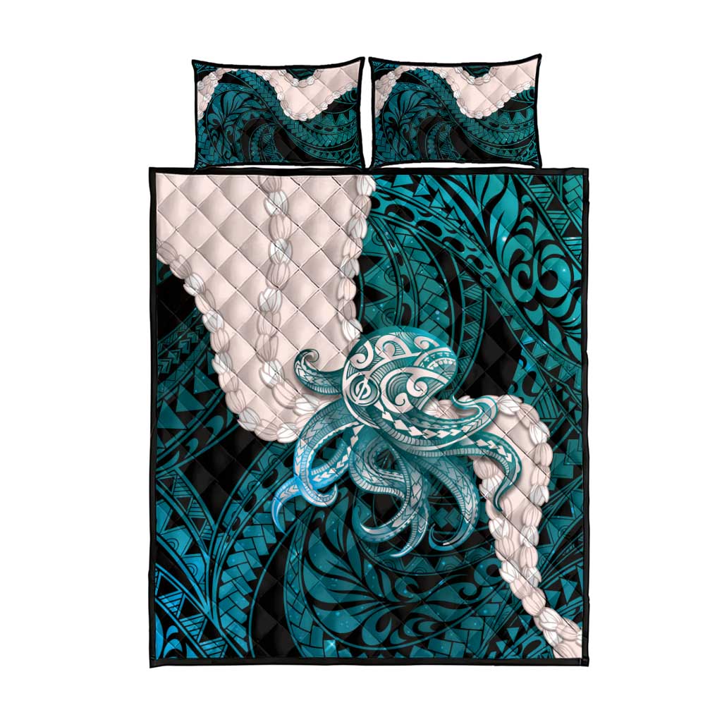 Teal Galaxy Polynesia Tribal Octopus Tattoo Quilt Bed Set Pikake Lei Polynesian Pattern