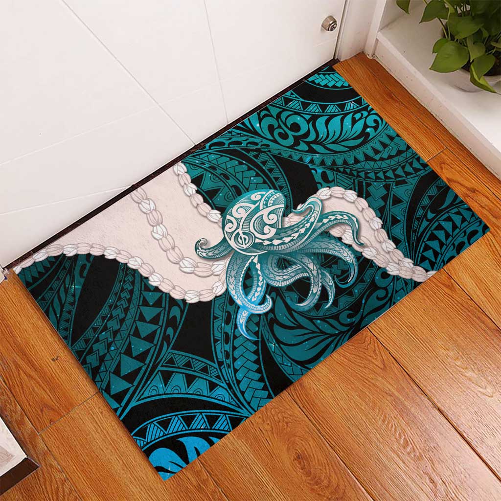 Teal Galaxy Polynesia Tribal Octopus Tattoo Rubber Doormat Pikake Lei Polynesian Pattern