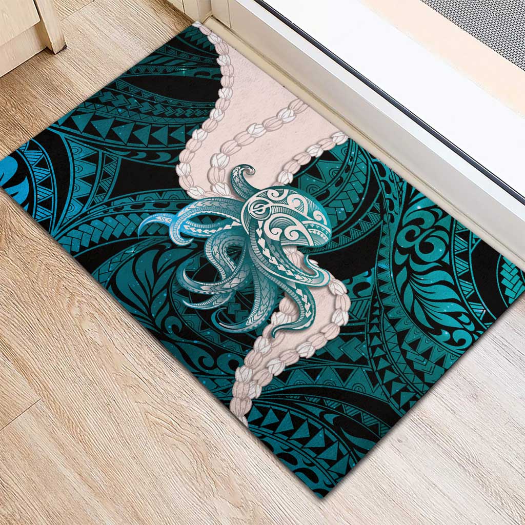 Teal Galaxy Polynesia Tribal Octopus Tattoo Rubber Doormat Pikake Lei Polynesian Pattern